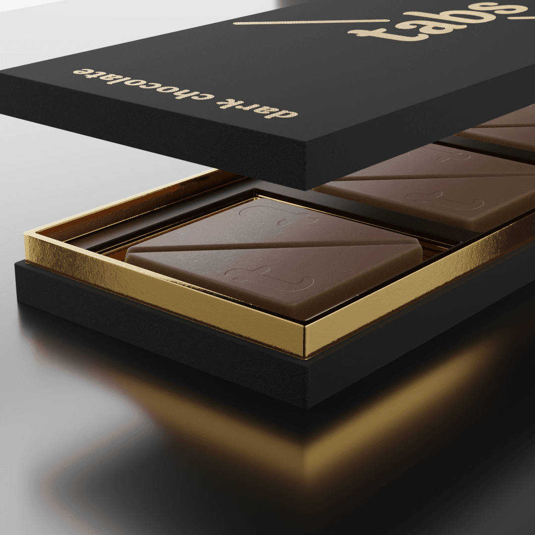 Tabs — Chocolate product render on red satin